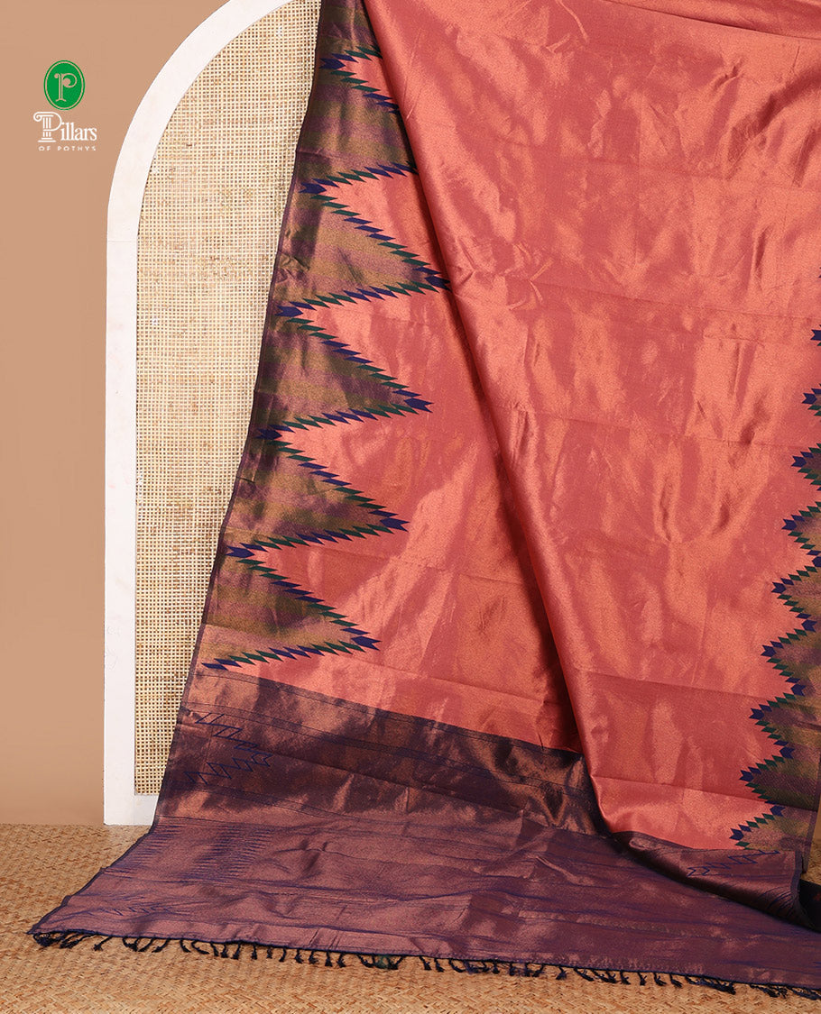 Onion pink plain tissue silksaree, contrast gold zari temple border, zari-rich traditional pallu, zari design blouse
