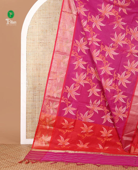 Pink floral design thread-woven chanderi cotton saree, contrast floral zari border & floral design pallu