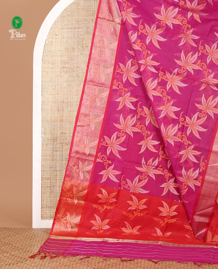 Pink floral design thread-woven chanderi cotton saree, contrast floral zari border & floral design pallu