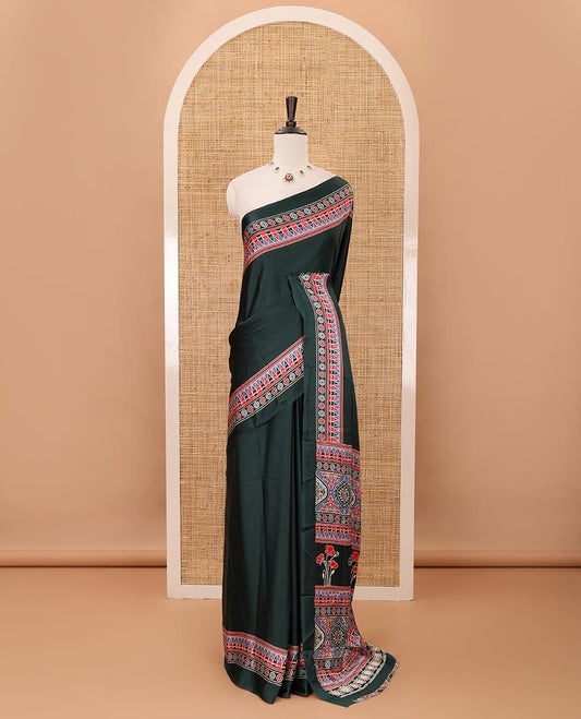Green plain design modal satin saree, Ajrakh printed border, floral-Ajrakh printed pallu & Ajrakh printed blouse