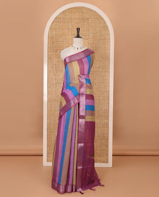 Pink-base colorful vertical stripes printed linen cotton saree, silver zari bavanji border, ice cream motifs printed pallu & contrast printed blouse