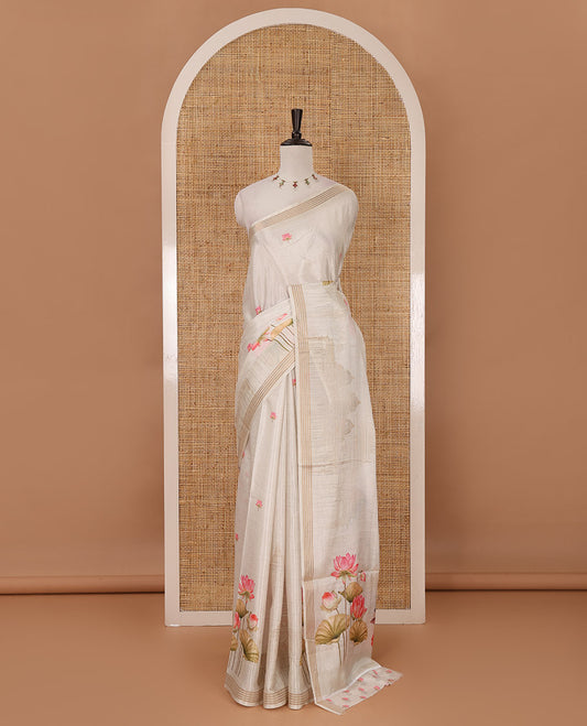 Cream pichwai lotus & mughal arches printed soft tussar saree,zari border, pichwai lotus & Radha Krishna printet pallu & pichwai lotus printed blouse