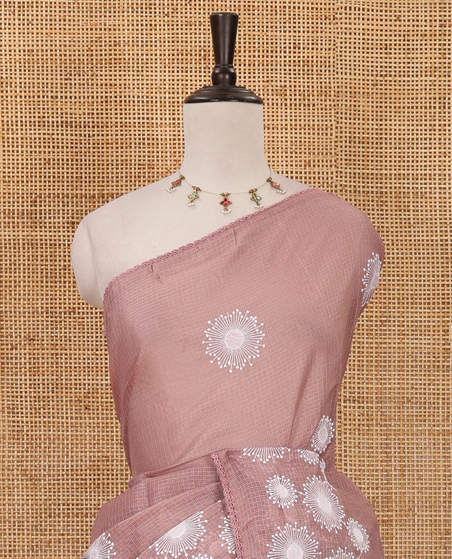 Onion pink star flower motifs chikankari-style embroidered kota check saree, lace border & matching checked blouse