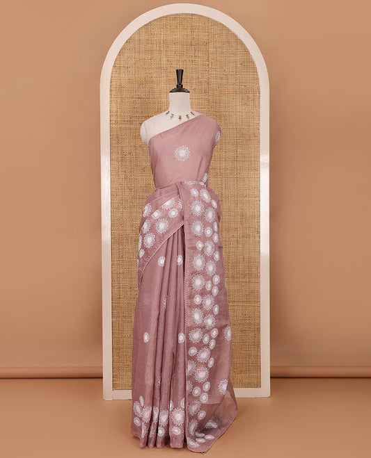 Onion pink star flower motifs chikankari-style embroidered kota check saree, lace border & matching checked blouse