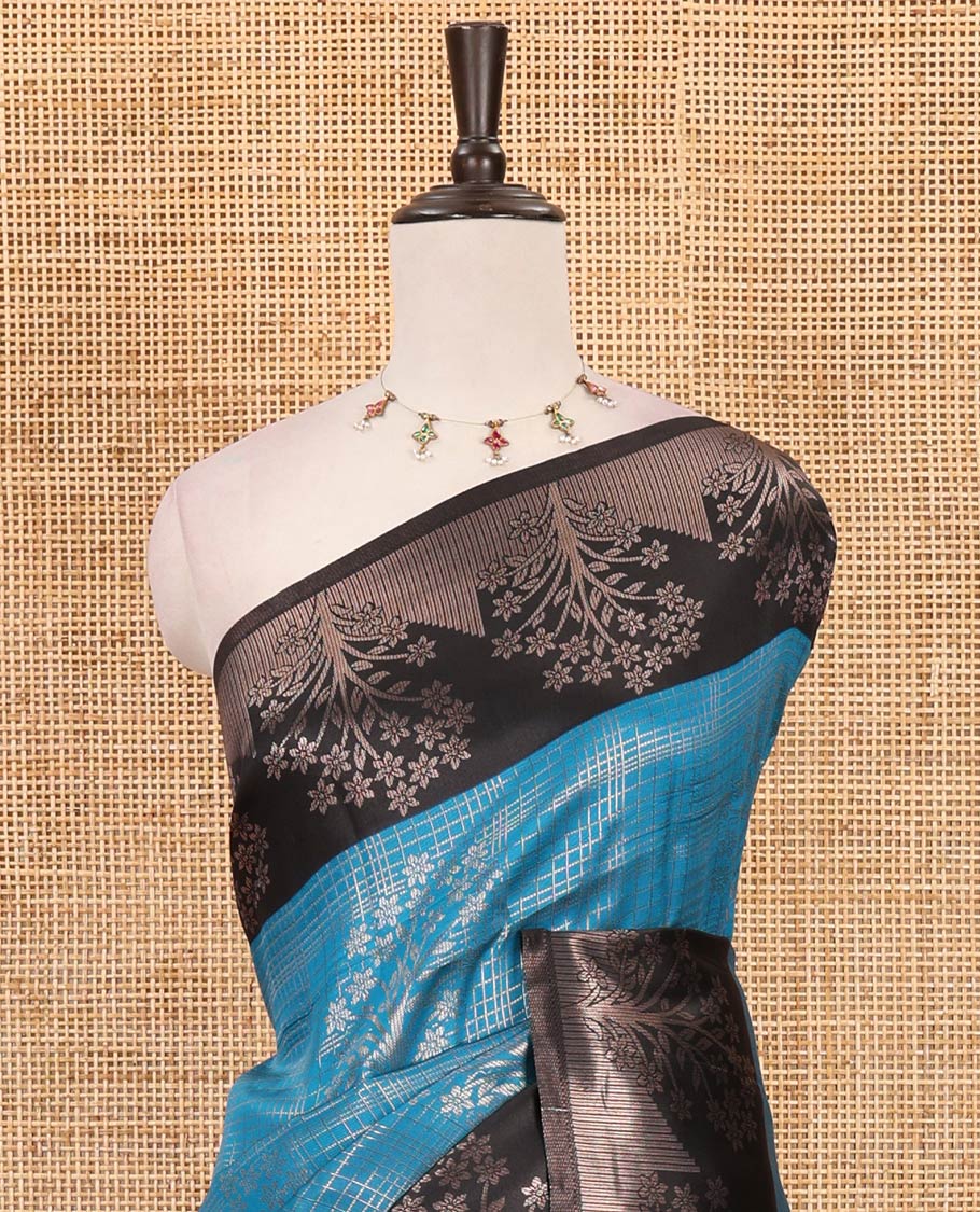 Blue zari checked & floral buttas kanchi silk saree,contrast satin border of floral zari motifs,intrictae pallu & contrast plain blouse