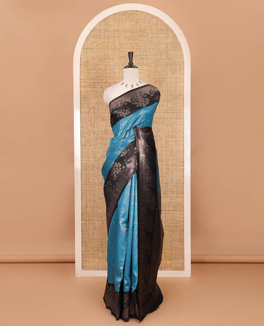 Blue zari checked & floral buttas kanchi silk saree,contrast satin border of floral zari motifs,intrictae pallu & contrast plain blouse