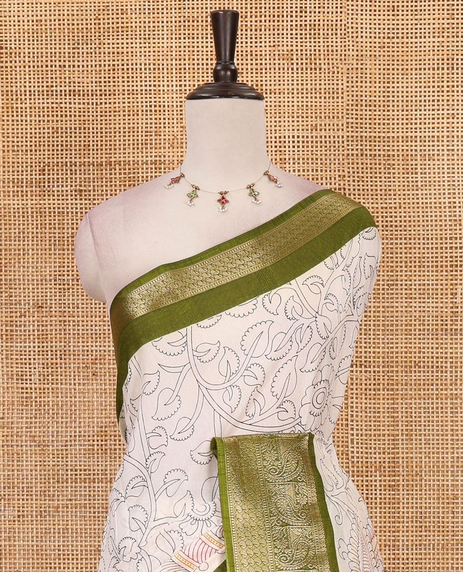Cream kalamkari floral vine & peacock printed dola silk saree, contrast kanchipuram traditional zari green border & colorful kalamkari printed pallu