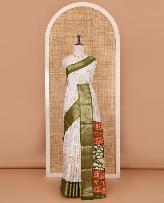 Cream kalamkari floral vine & peacock printed dola silk saree, contrast kanchipuram traditional zari green border & colorful kalamkari printed pallu