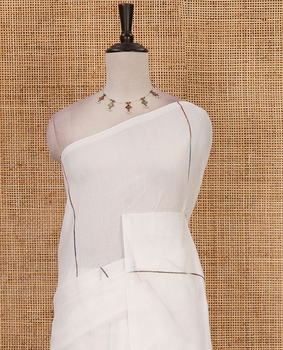Borderless White vertical multi-color thread striped khadi jute linen saree, striped pallu & matching plain blouse