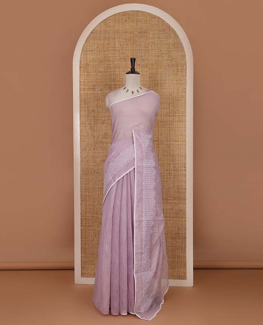 Lavender diamond patterns white resham thread embroidered mercerised cotton saree, lace border, and matching plain blouse