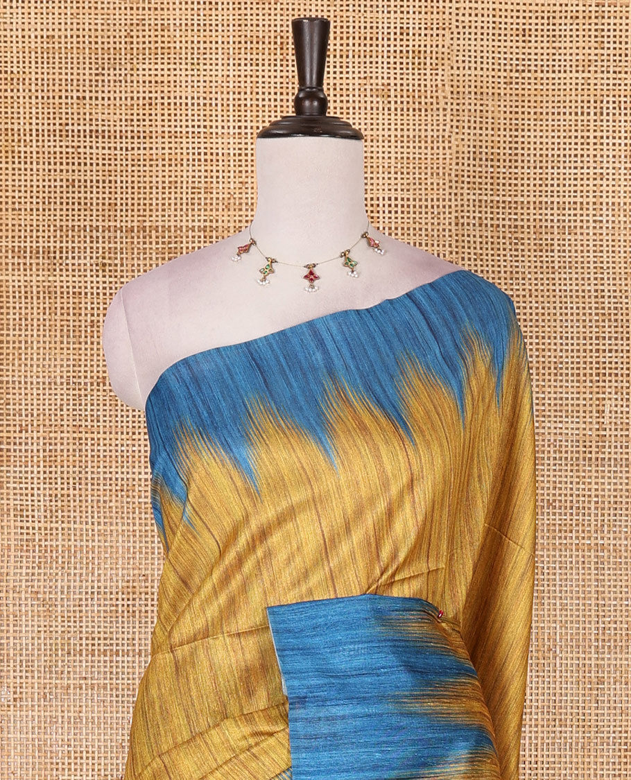 Mustard full plain katan silk saree, contrast temple border, odisha style printed pallu, and contrast plain blouse