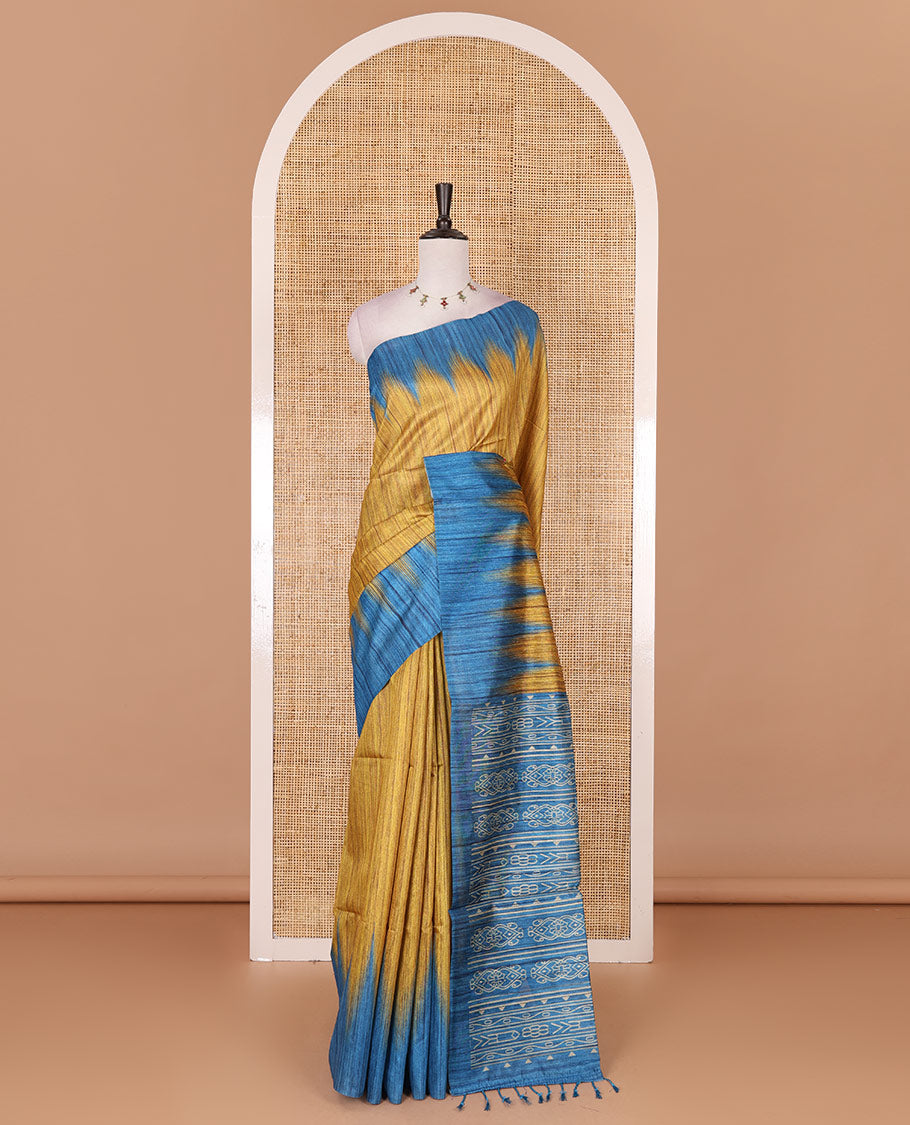 Mustard full plain katan silk saree, contrast temple border, odisha style printed pallu, and contrast plain blouse