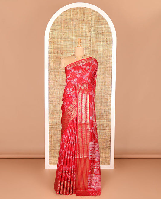 Red horizontal zari striped and triple-leaf printed Assam cotton saree, chevron stripes zari border, printed pallu, and a matching blouse of zari and print work