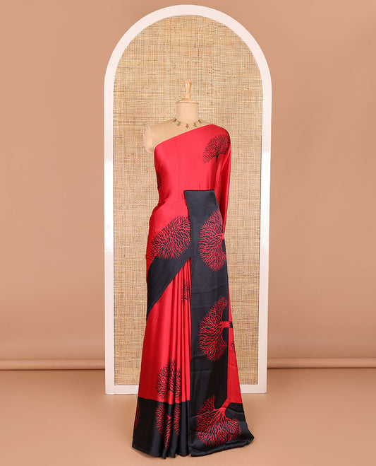 Red tree motifs digitally printed Gajji silk saree with contrast printed border of upside down tree motifs, and contrast printed blouse