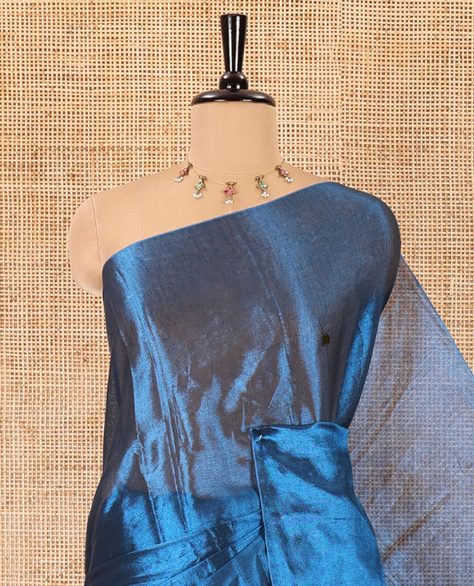 Borderless blue mirror work khadi tissue saree, mirror work pallu, and a matching blouse