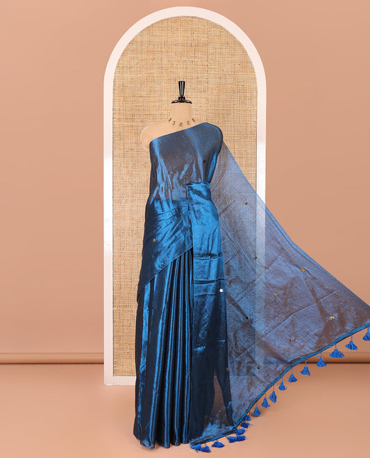 Borderless blue mirror work khadi tissue saree, mirror work pallu, and a matching blouse