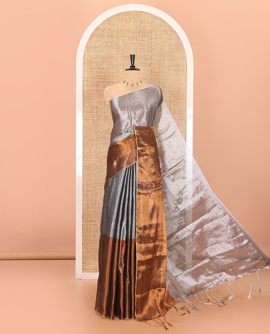 Silver and copper half-and-half plain khadi tissue saree with a self-pallu and a matching blouse