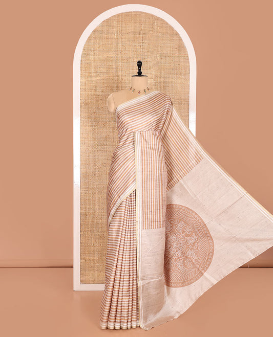 Yellow  Semi-Tussar Saree Featuring Horizontal Stripe Prints, Accentuated by a Subtle Resham Thread Temple-Designed Border, with a Pallu Highlighted by Intricate Circular Motifs, Paired with a Contrast Bandhani Blouse