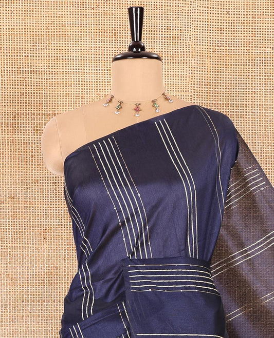 Borderless Navy Blue Semi-Raw Silk Saree Featuring Elegant Vertical Sequin Stripes Running Across the Body, Complemented by a Contrast Thread-Work Pallu and Paired with a Contrast Blouse