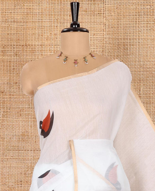 Borderless White Chanderi Cotton Saree Featuring Bird Motifs Printed All Over Its Body, Subtly Printed with Bird Motifs, and Contrast Bird Motifs Printed Blouse