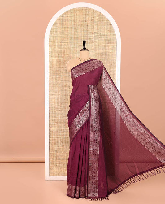 Purple Plain Vichitra Silk Saree Subtly Sparked with Self-Border Featuring Traditional Designs, Plain Pallu, and Comes Without Blouse