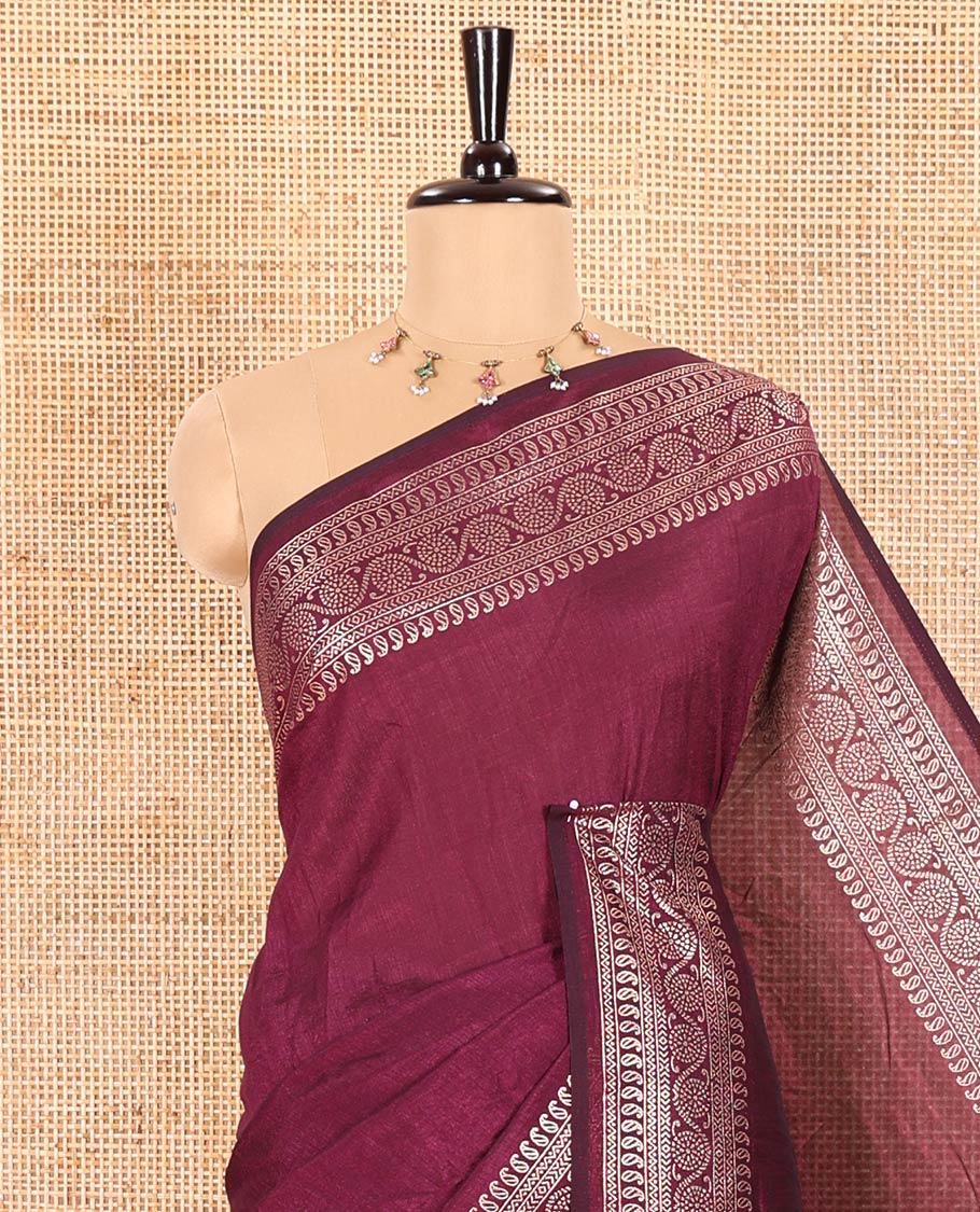 Purple Plain Vichitra Silk Saree Subtly Sparked with Self-Border Featuring Traditional Designs, Plain Pallu, and Comes Without Blouse