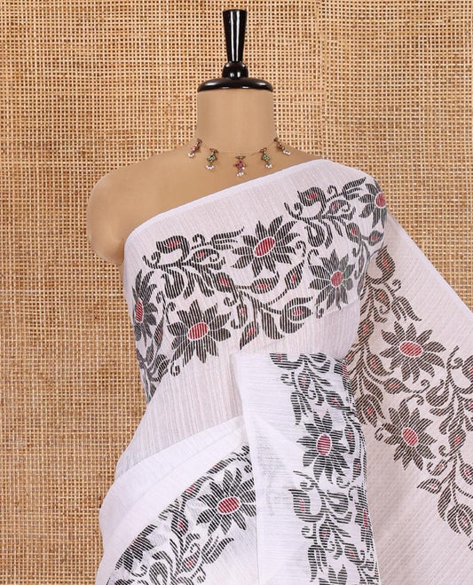 White Plain Green-Silk Linen Cotton Saree, Highlighted by Jamdani-Style Floral Vine Printed Border, Pallu of Jamdani Floral Print, and Paired with a Matching Printed Blouse