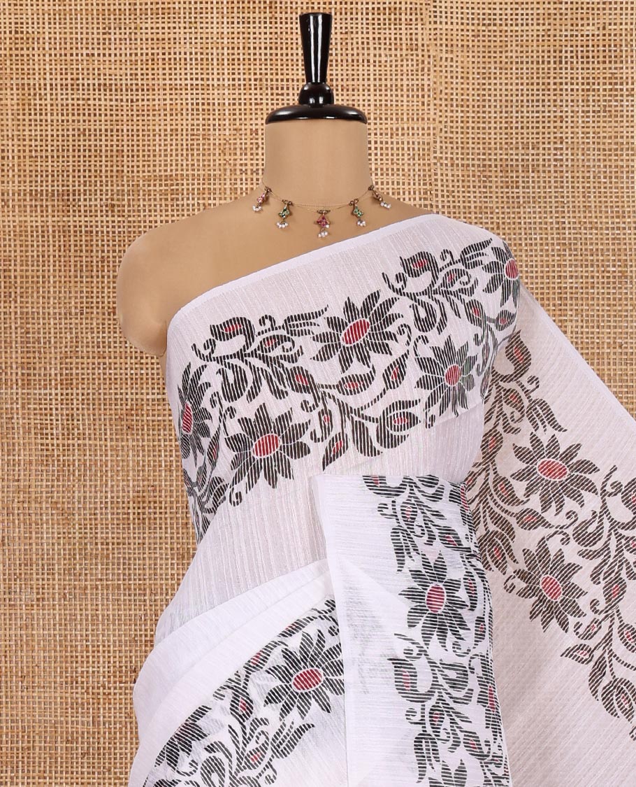 White Plain Green-Silk Linen Cotton Saree, Highlighted by Jamdani-Style Floral Vine Printed Border, Pallu of Jamdani Floral Print, and Paired with a Matching Printed Blouse