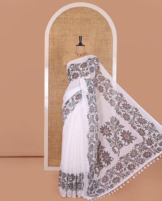 White Plain Green-Silk Linen Cotton Saree, Highlighted by Jamdani-Style Floral Vine Printed Border, Pallu of Jamdani Floral Print, and Paired with a Matching Printed Blouse