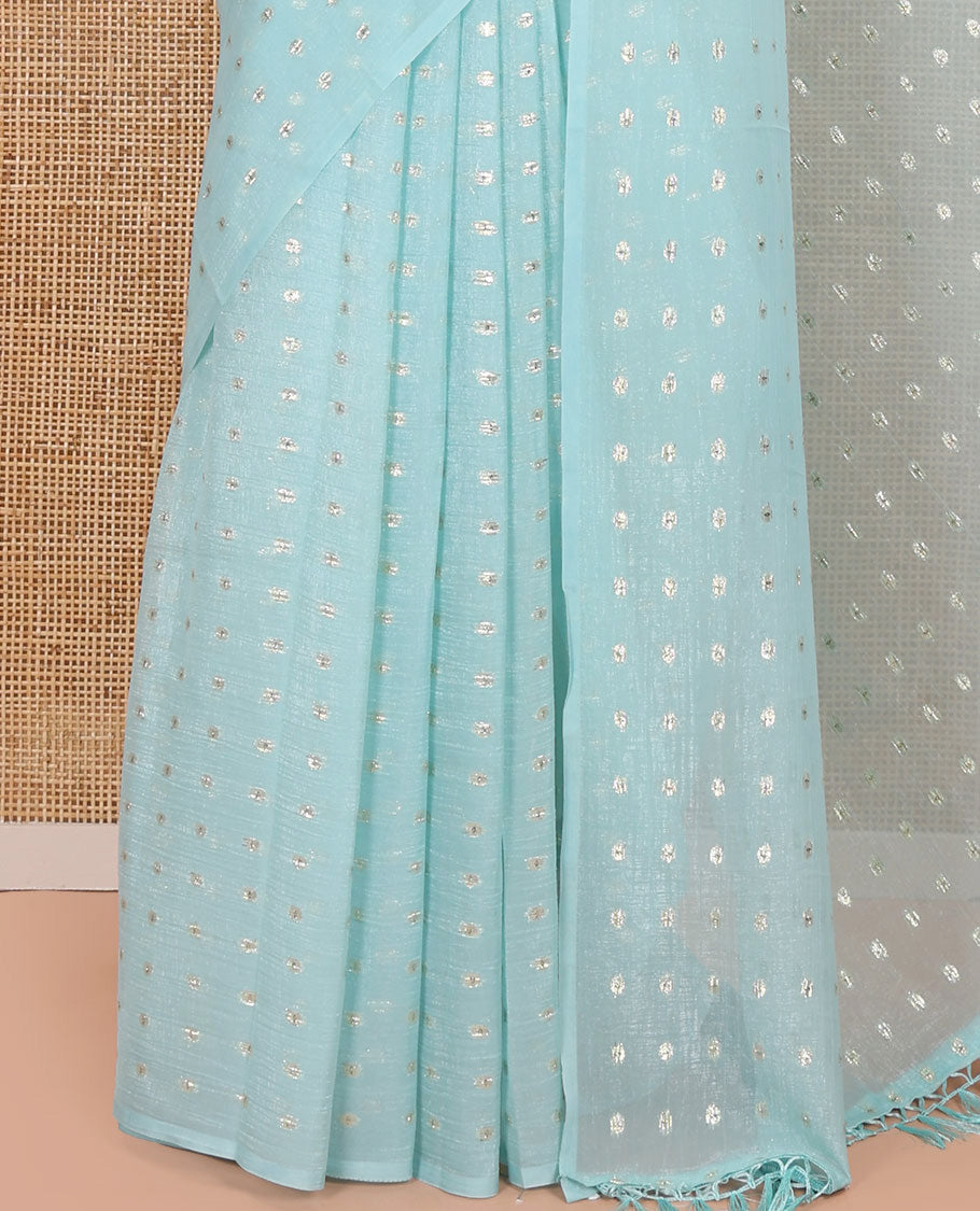 Borderless Light Blue Shimmer Saree, Gleamed up with Zari Buttas All Over Its Body, Pallu Mirrors the Same Buttas, and Comes Without a Blouse
