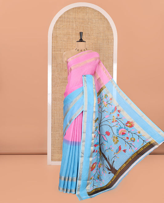 Pink and Blue Moss Chiffon Saree, Decorated with Zari Micro-Checked Design on Its Body, Complemented by Zari Traditional Design Rettai Pettu Border, Pallu Features Tree and Bird Designs, and Paired with a Contrast Blouse