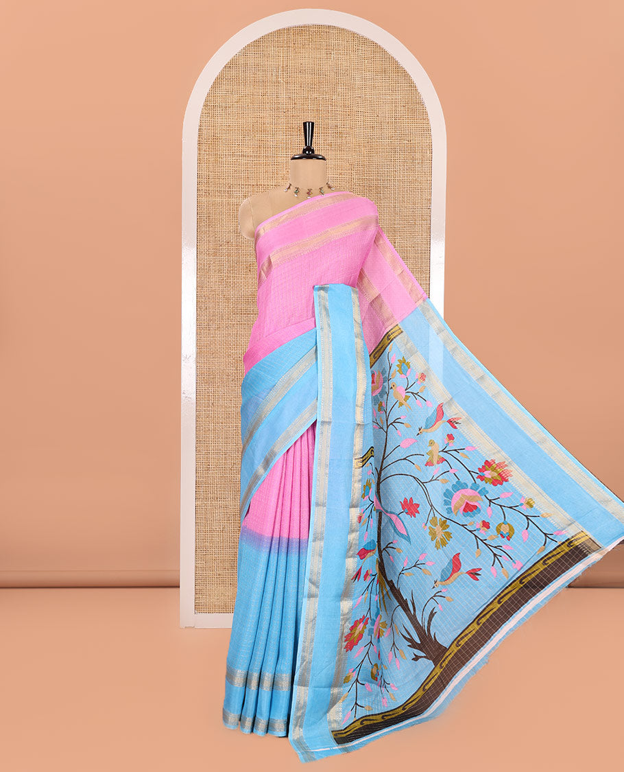 Pink and Blue Moss Chiffon Saree, Decorated with Zari Micro-Checked Design on Its Body, Complemented by Zari Traditional Design Rettai Pettu Border, Pallu Features Tree and Bird Designs, and Paired with a Contrast Blouse