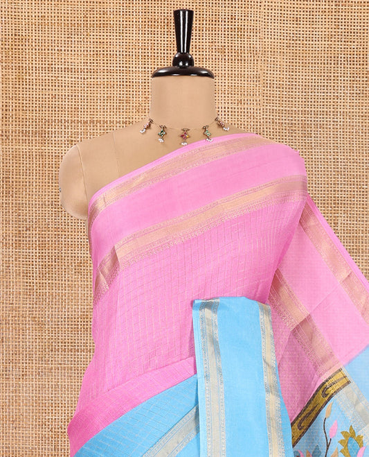 Pink and Blue Moss Chiffon Saree, Decorated with Zari Micro-Checked Design on Its Body, Complemented by Zari Traditional Design Rettai Pettu Border, Pallu Features Tree and Bird Designs, and Paired with a Contrast Blouse