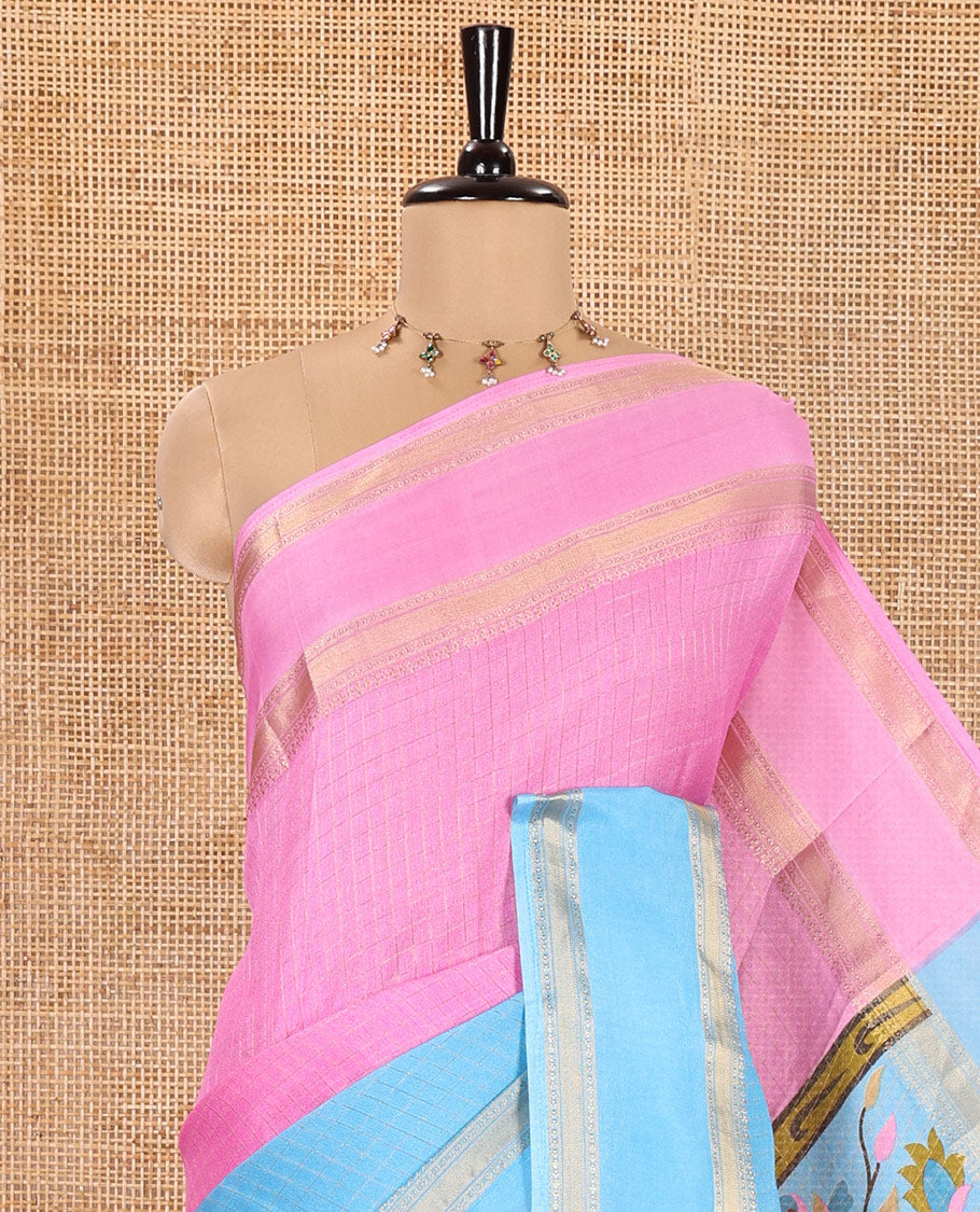 Pink and Blue Moss Chiffon Saree, Decorated with Zari Micro-Checked Design on Its Body, Complemented by Zari Traditional Design Rettai Pettu Border, Pallu Features Tree and Bird Designs, and Paired with a Contrast Blouse