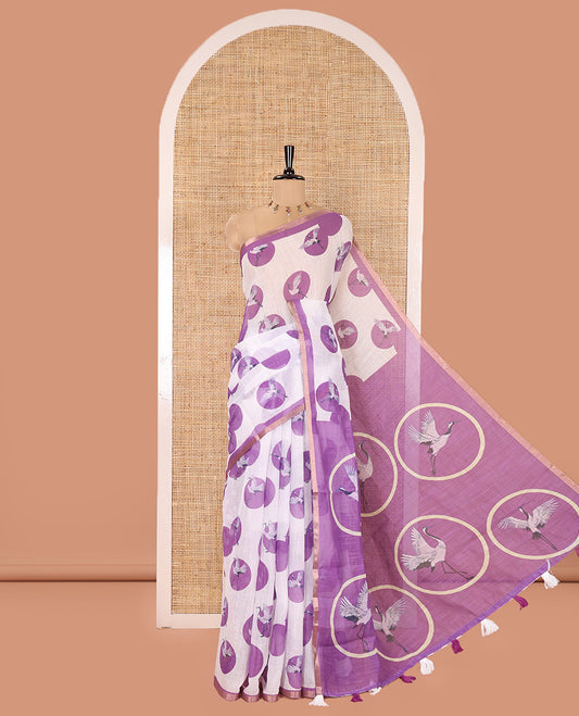 White-Lavender Linen Cotton Saree, Steeped with Polka Dot Enclosed Crane Motifs on Its Body, Subtle Piping Border, Pallu Pictures Polka Dot Enclosed Crane Motifs, and Paired with a Matching Blouse