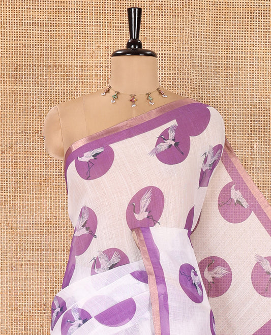 White-Lavender Linen Cotton Saree, Steeped with Polka Dot Enclosed Crane Motifs on Its Body, Subtle Piping Border, Pallu Pictures Polka Dot Enclosed Crane Motifs, and Paired with a Matching Blouse