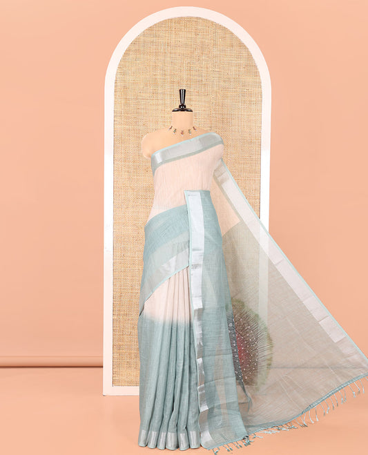 Pista Green Linen Cotton Saree, Adorned with Ombre-Style Double-Color Print, Highlighted by Contrast Zari Bavanji Border, Pallu Pictures Bandhani Design, and Paired with a Contrast Bandhani Blouse