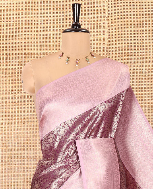 Purple Kanchi Silk Saree Features Floral Jacquard, Contrast Traditional Border, Zari-Weave Pallu, and a Contrast Blouse