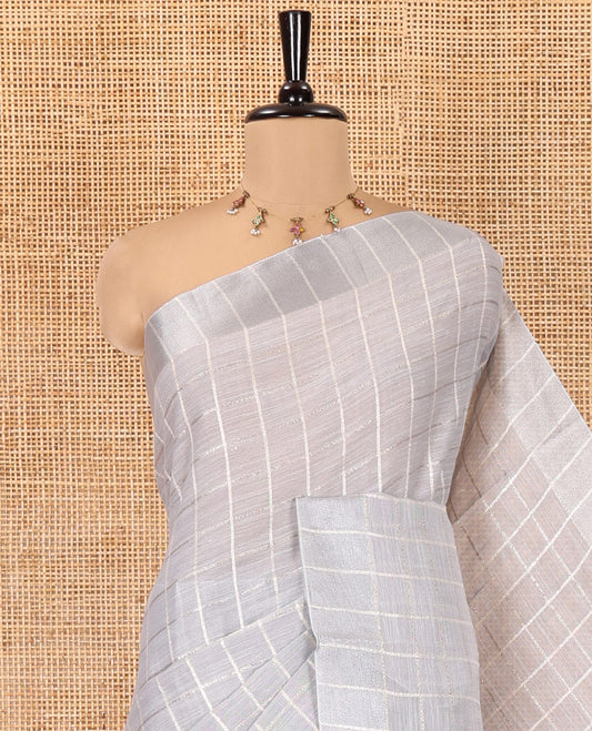 Grey Jute Linen Cotton Saree, Adorned with Checked Design on Its Body, a Subtle Self-Border, Striped Pallu, and Paired with a Matching Thread Embroidered Blouse