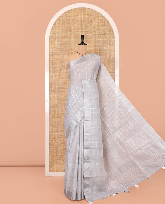 Grey Jute Linen Cotton Saree, Adorned with Checked Design on Its Body, a Subtle Self-Border, Striped Pallu, and Paired with a Matching Thread Embroidered Blouse