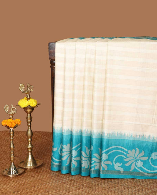 Cream with Ramam blue cross striped kathan silk saree with floral digital printed border & floral printed pallu along with printed blouse