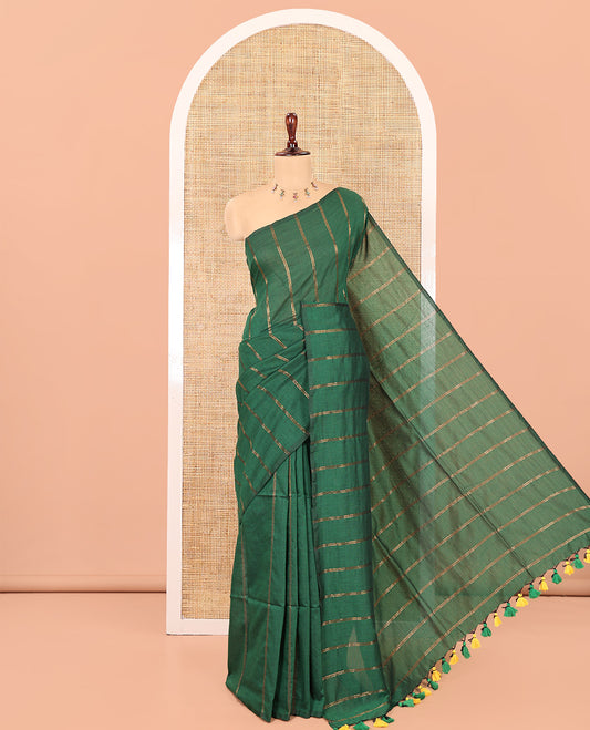 Borderless Peacock Green Khadi Cotton Saree Features Double Stripes, a Self-Pallu of Tassels, and a Matching Blouse