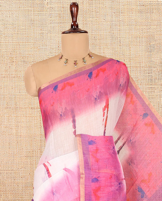 White-Magenta Linen Cotton Saree Features Watercolor Painting-style Shibori Print, Contrast Printed Border, Printed Pallu, and a Contrast Blouse