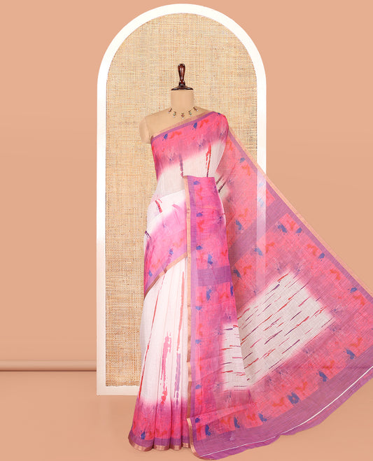 White-Magenta Linen Cotton Saree Features Watercolor Painting-style Shibori Print, Contrast Printed Border, Printed Pallu, and a Contrast Blouse