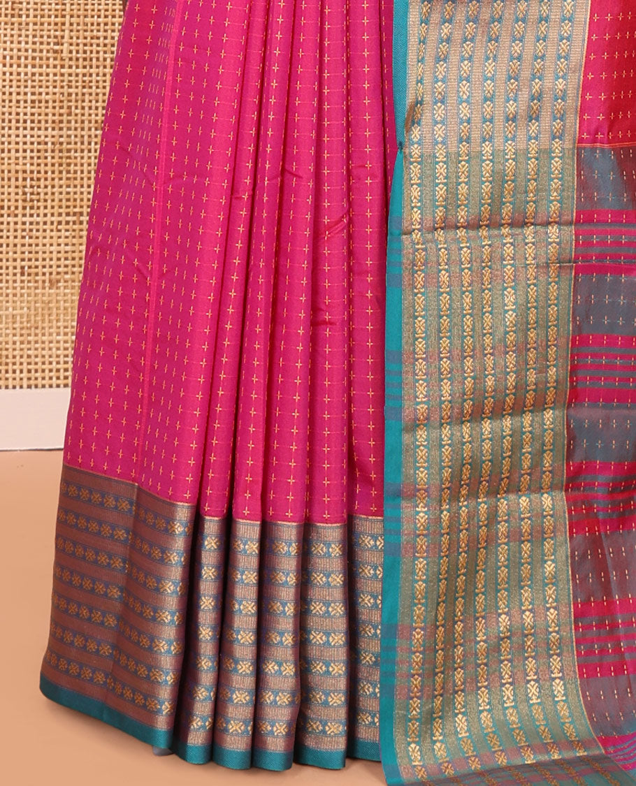 Pink Semi-Soft Silk Saree, Adorned with Plus-Shaped Buttas, Complemented by a Contrast Border, Striped Pallu, and a Contrast Blouse