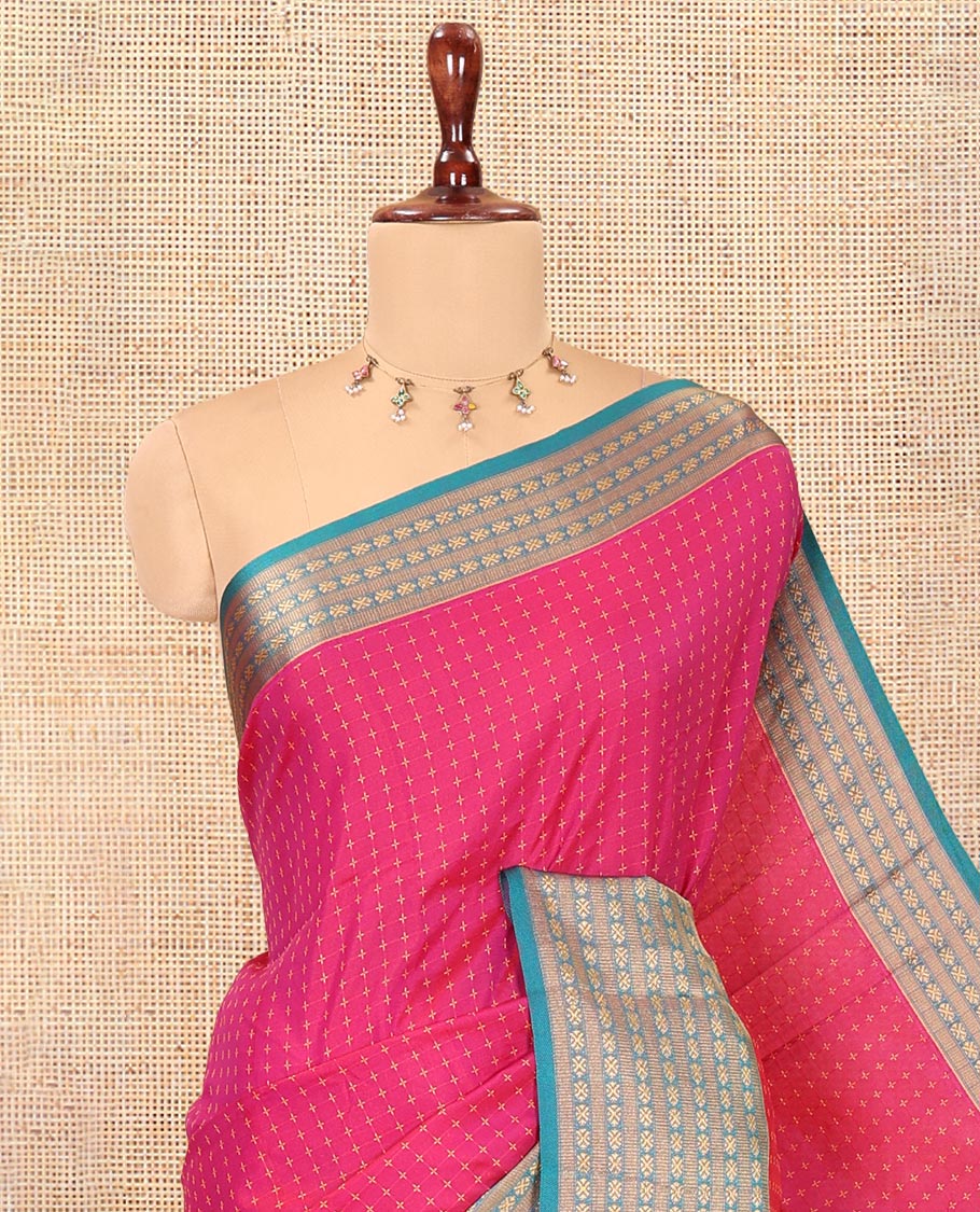 Pink Semi-Soft Silk Saree, Adorned with Plus-Shaped Buttas, Complemented by a Contrast Border, Striped Pallu, and a Contrast Blouse