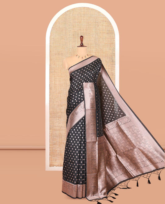Black Elite Soft Silk Saree, Elevated with Rudraksham Zari Buttas, Traditional Zari Border, Rich Pallu, and a Matching Blouse