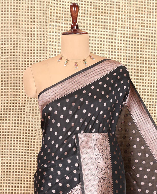 Black Elite Soft Silk Saree, Elevated with Rudraksham Zari Buttas, Traditional Zari Border, Rich Pallu, and a Matching Blouse