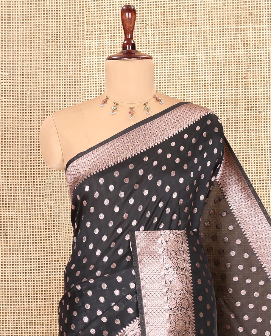 Black Elite Soft Silk Saree, Elevated with Rudraksham Zari Buttas, Traditional Zari Border, Rich Pallu, and a Matching Blouse