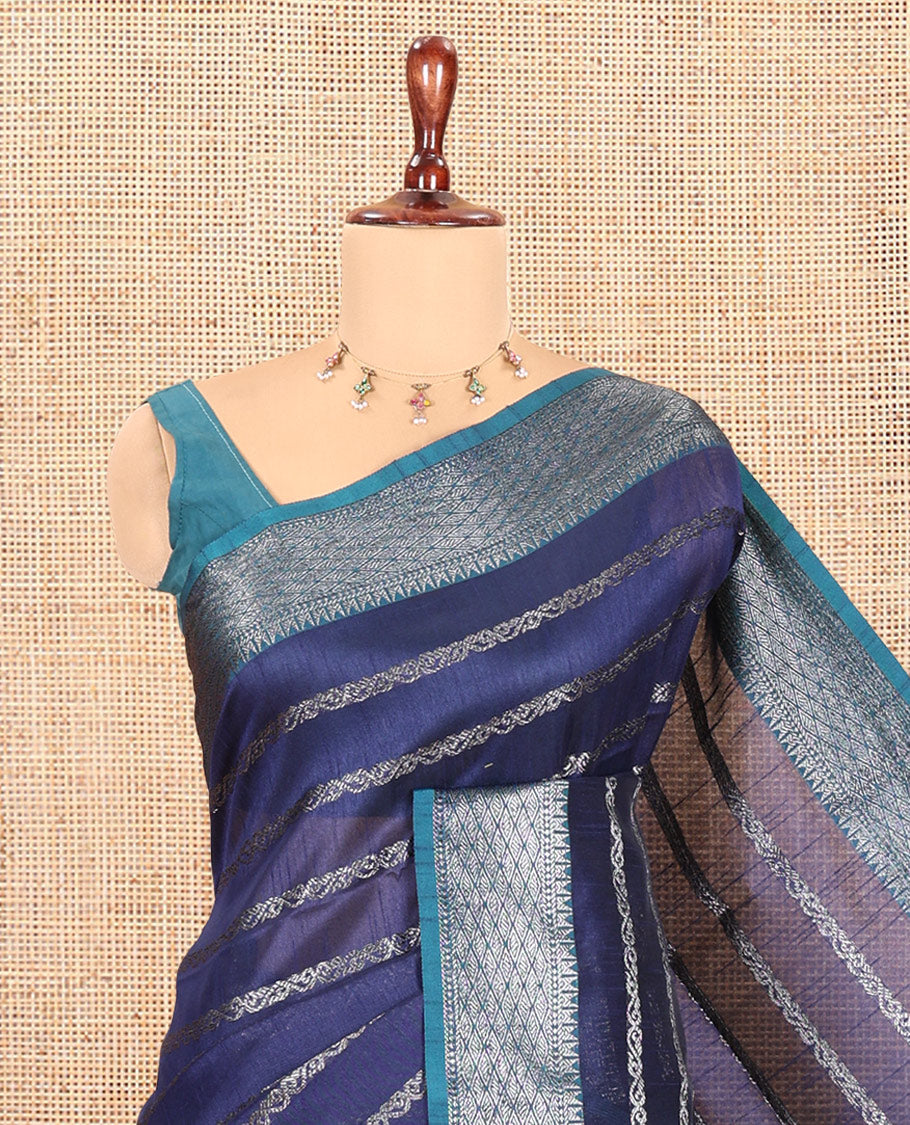 Navy Blue Zari-Striped Semi-Raw Silk Saree with a Contrast Zari Border, Intricate Pallu, and Contrast Blouse